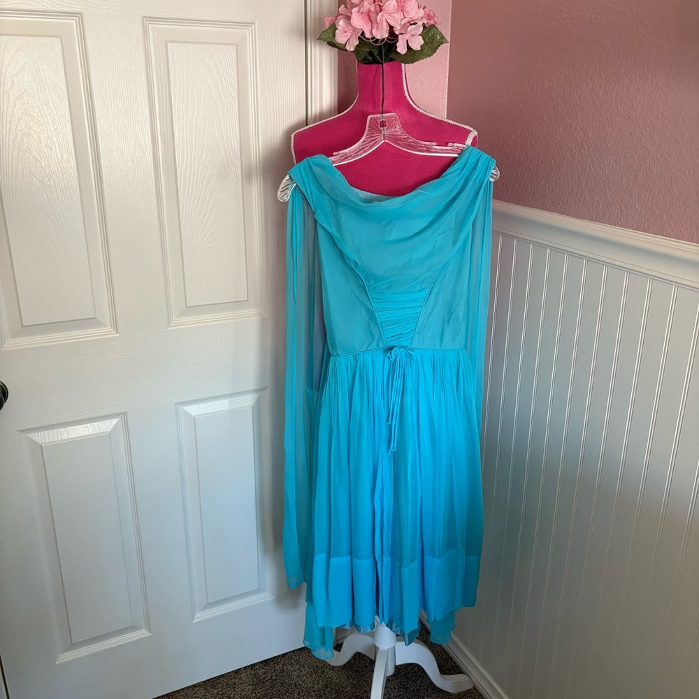 Vintage Small Aqua Chiffon Cowl Neck Knee Length Gown with Cape Embellishment